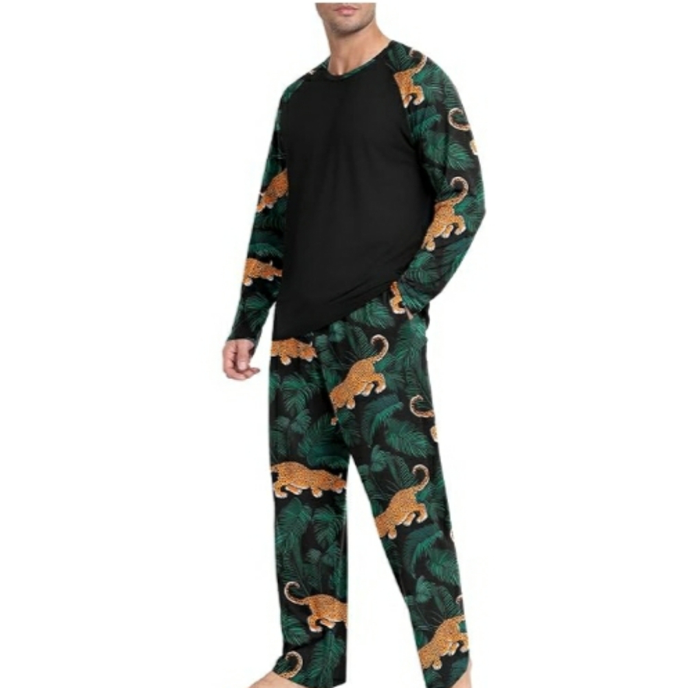 Men's Pajama Set Sleepwear Lightweight Long Sleeve Black /Green - Picture 4 of 5
